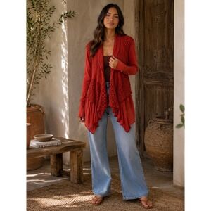 Tiny Cardigan Women XS Red Orange Boho Crochet Lace Mixed Media